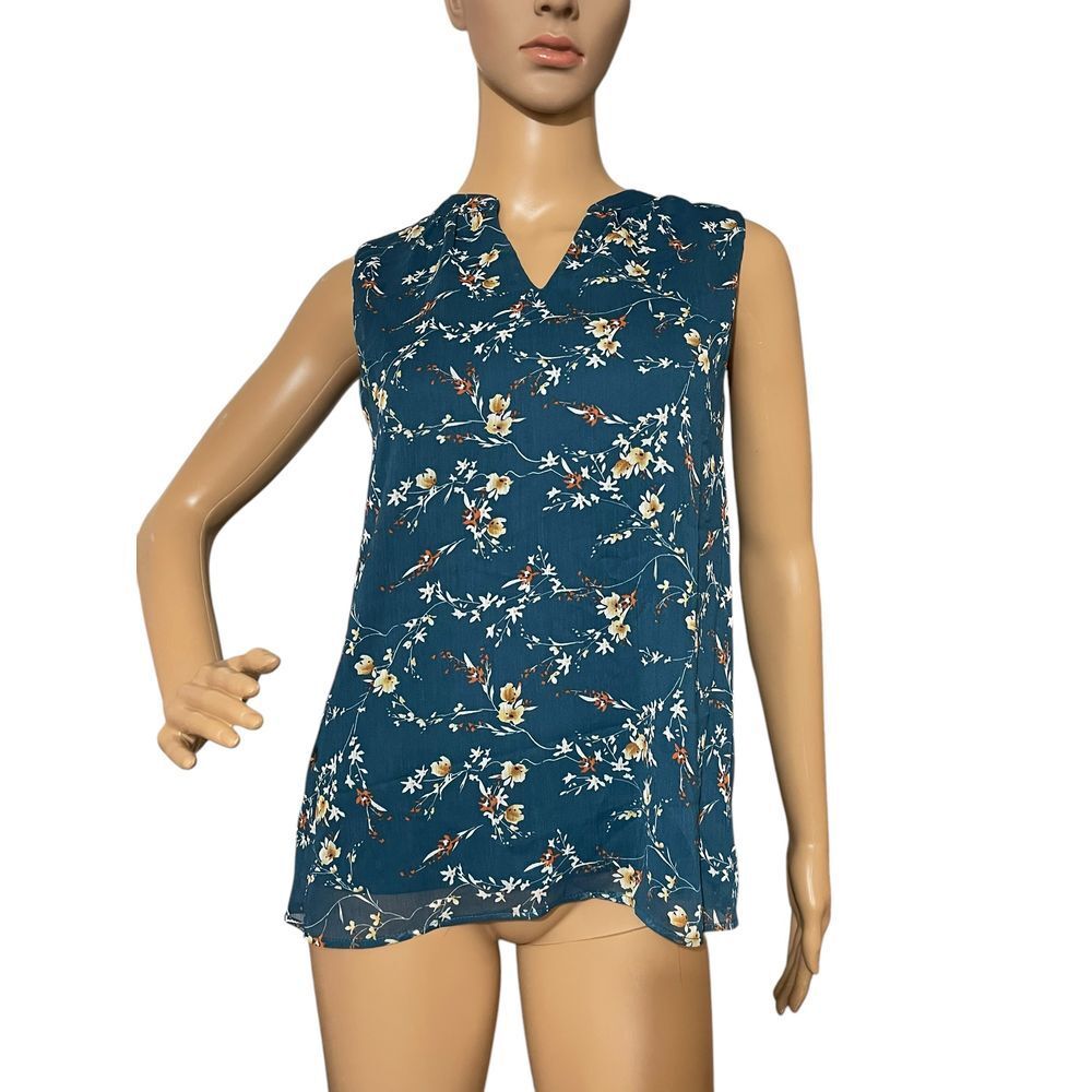 Papermoon Annie Teal Floral Sleeveless Blouse Split Neck Summer Top XS NWT